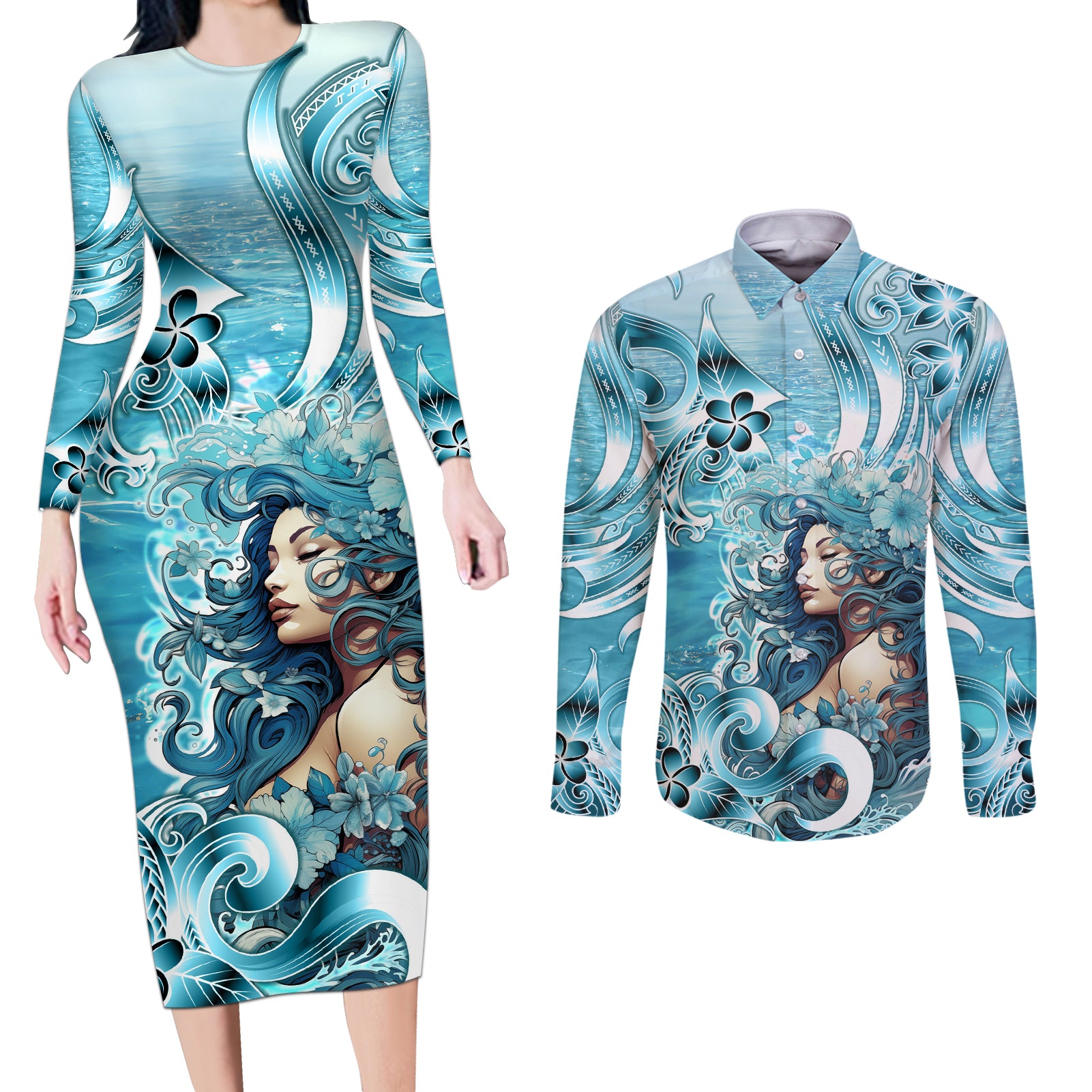 Hawaii Namaka Goddess Of The Sea Couples Matching Long Sleeve Bodycon Dress and Long Sleeve Button Shirt Polynesian Style LT05 Turquoise - Polynesian Pride
