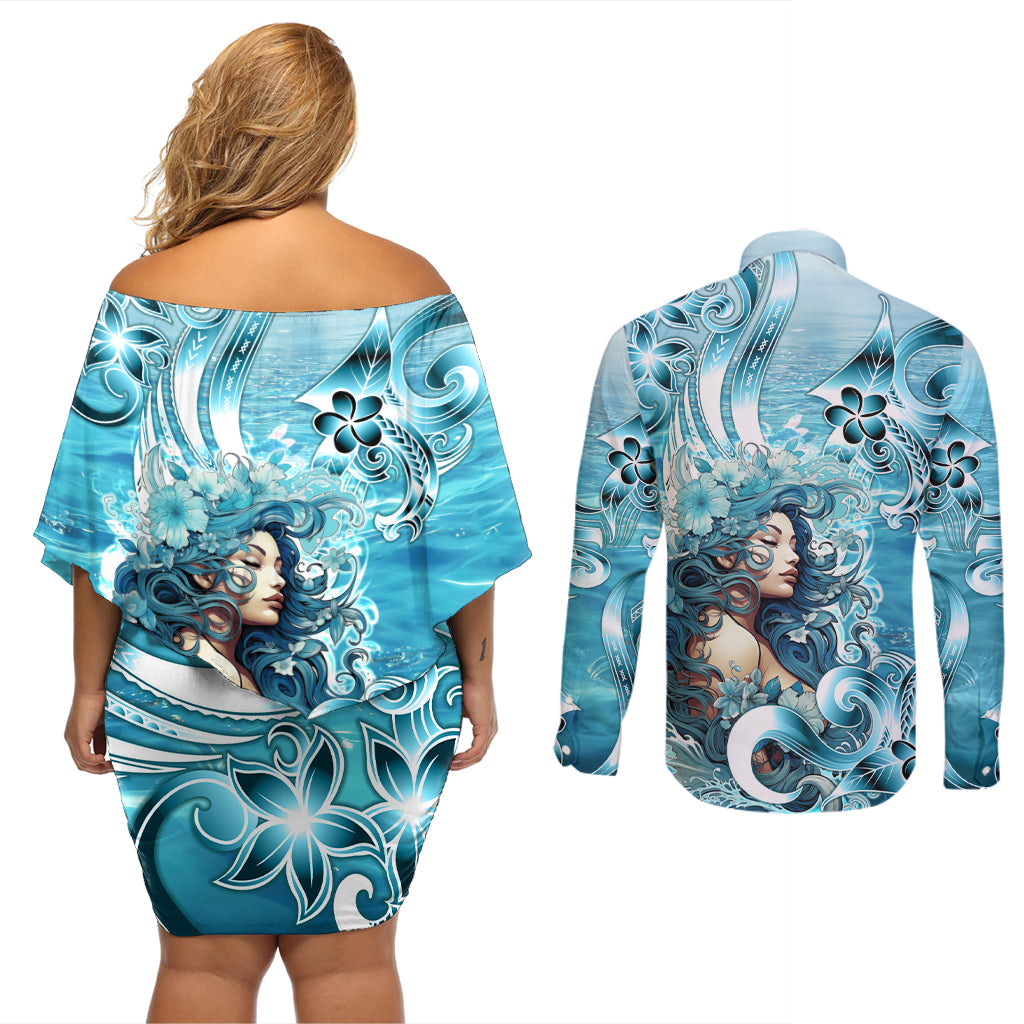 Hawaii Namaka Goddess Of The Sea Couples Matching Off Shoulder Short Dress and Long Sleeve Button Shirt Polynesian Style LT05 - Polynesian Pride