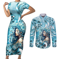 Hawaii Namaka Goddess Of The Sea Couples Matching Short Sleeve Bodycon Dress and Long Sleeve Button Shirt Polynesian Style LT05 Turquoise - Polynesian Pride