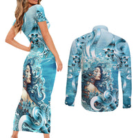 Hawaii Namaka Goddess Of The Sea Couples Matching Short Sleeve Bodycon Dress and Long Sleeve Button Shirt Polynesian Style LT05 - Polynesian Pride