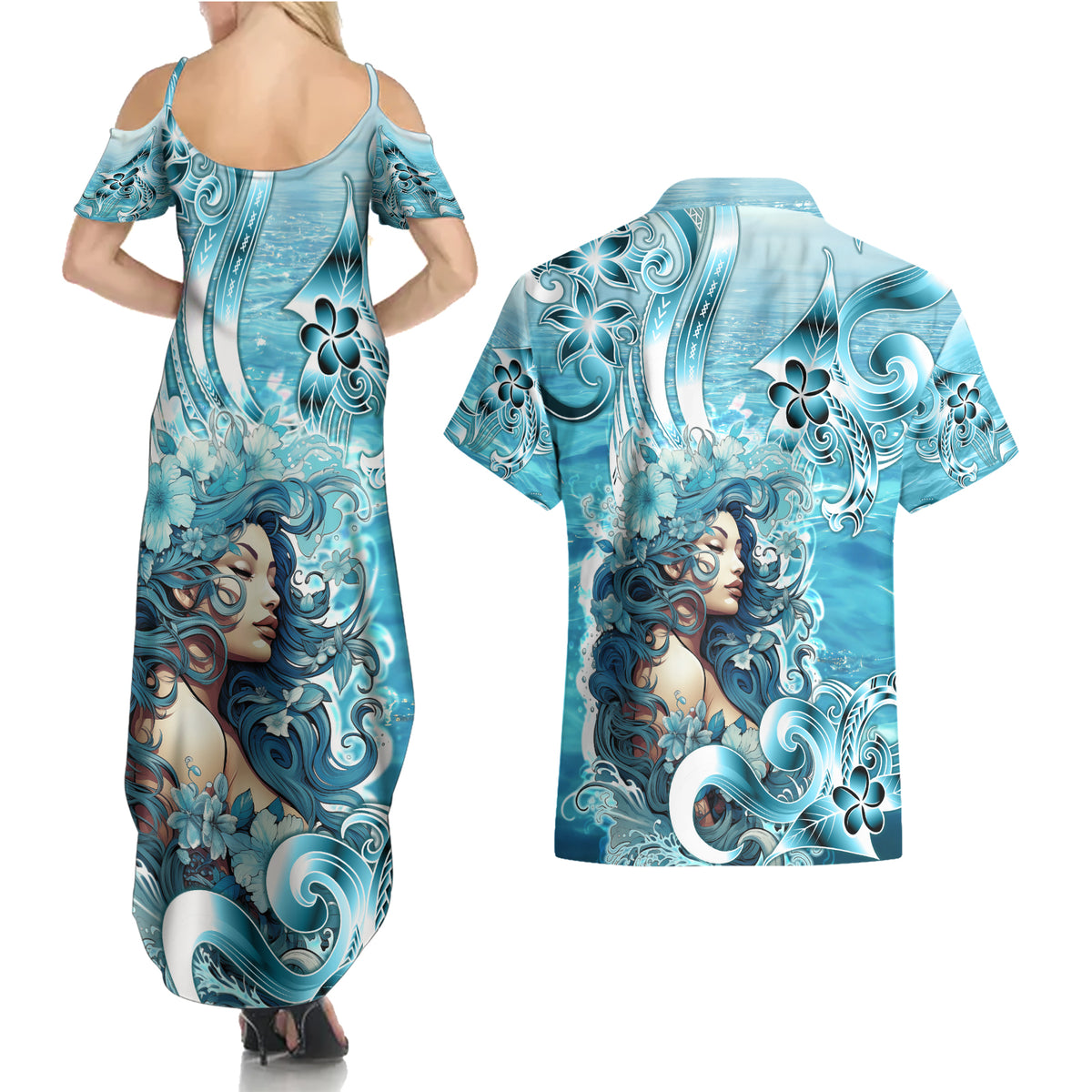 Hawaii Namaka Goddess Of The Sea Couples Matching Summer Maxi Dress and Hawaiian Shirt Polynesian Style LT05 - Polynesian Pride