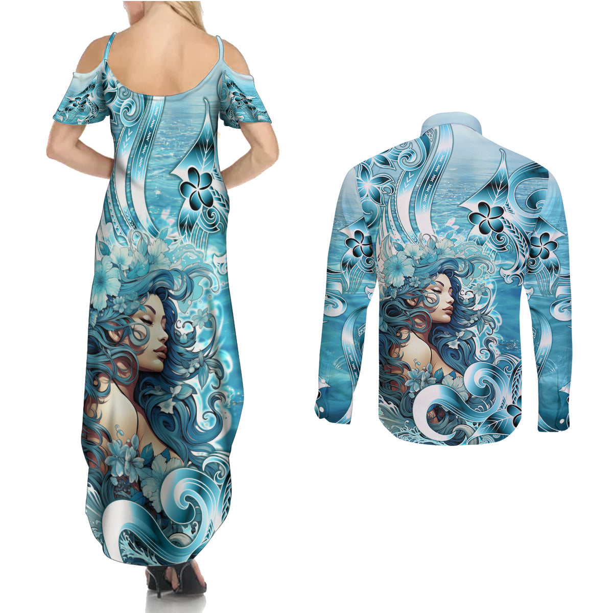 Hawaii Namaka Goddess Of The Sea Couples Matching Summer Maxi Dress and Long Sleeve Button Shirt Polynesian Style LT05 - Polynesian Pride