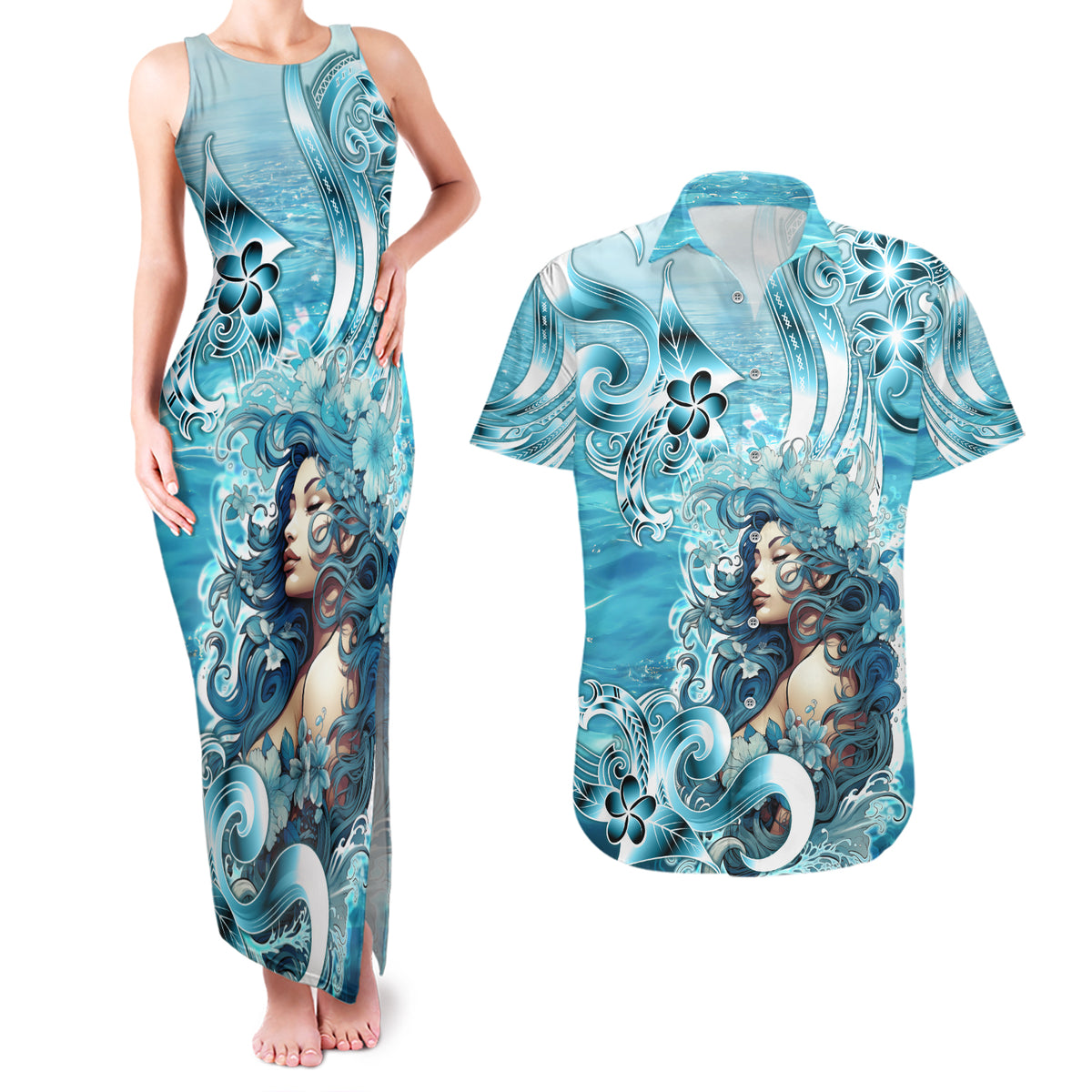Hawaii Namaka Goddess Of The Sea Couples Matching Tank Maxi Dress and Hawaiian Shirt Polynesian Style LT05 Turquoise - Polynesian Pride