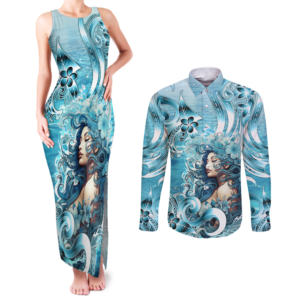 Hawaii Namaka Goddess Of The Sea Couples Matching Tank Maxi Dress and Long Sleeve Button Shirt Polynesian Style LT05 Turquoise - Polynesian Pride