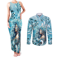 Hawaii Namaka Goddess Of The Sea Couples Matching Tank Maxi Dress and Long Sleeve Button Shirt Polynesian Style LT05 Turquoise - Polynesian Pride