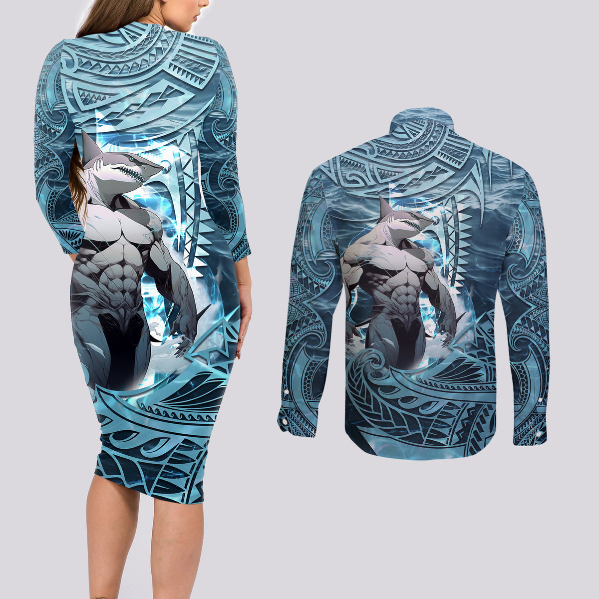 Hawaiian Shark God Kamohoalii Couples Matching Long Sleeve Bodycon Dress and Long Sleeve Button Shirt Polynesian Style LT05 - Polynesian Pride