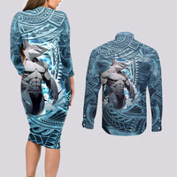 Hawaiian Shark God Kamohoalii Couples Matching Long Sleeve Bodycon Dress and Long Sleeve Button Shirt Polynesian Style LT05 - Polynesian Pride