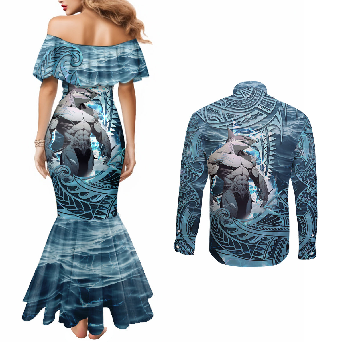 Hawaiian Shark God Kamohoalii Couples Matching Mermaid Dress and Long Sleeve Button Shirt Polynesian Style LT05 - Polynesian Pride