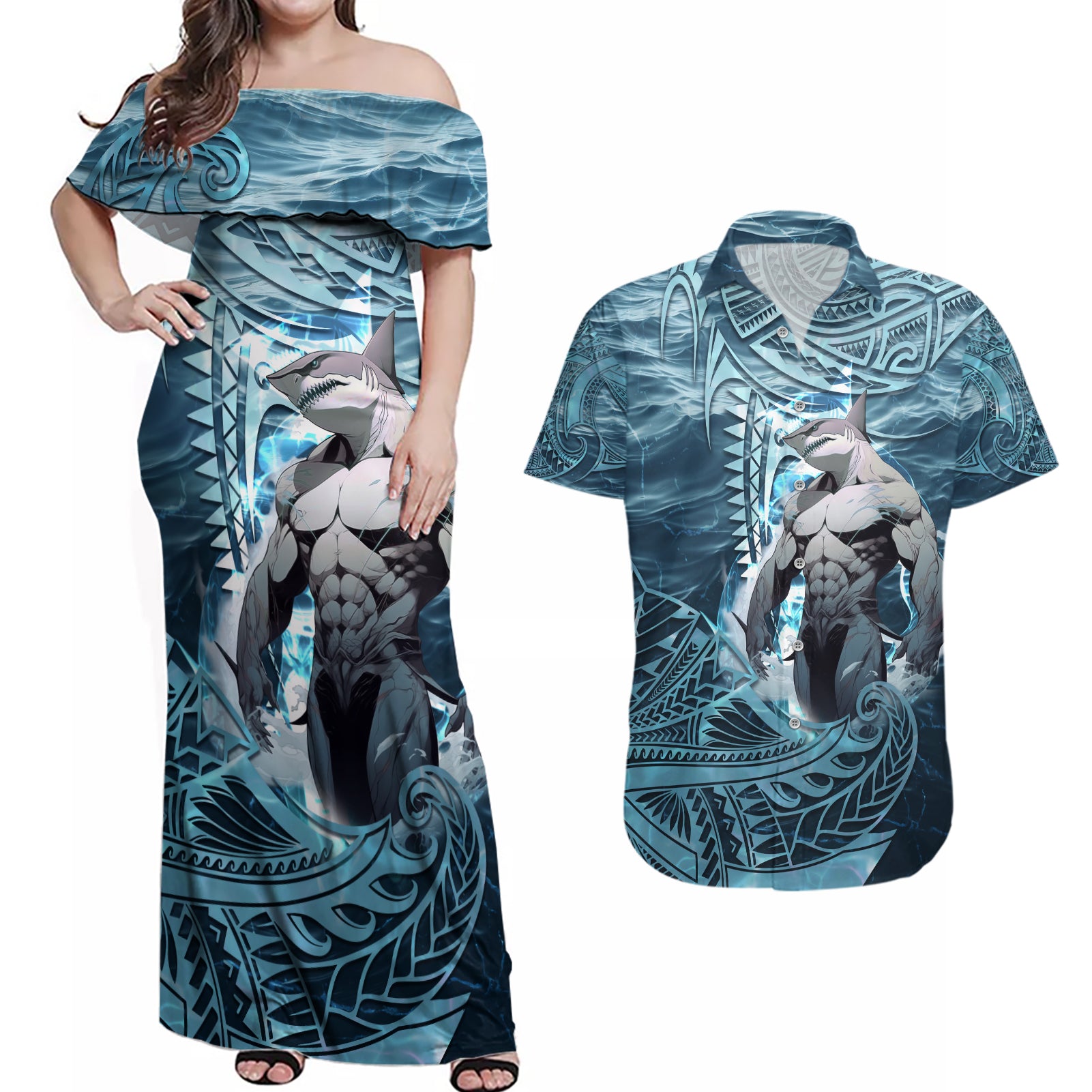 Hawaiian Shark God Kamohoalii Couples Matching Off Shoulder Maxi Dress and Hawaiian Shirt Polynesian Style LT05 Blue - Polynesian Pride