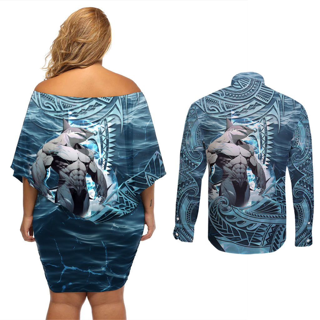 Hawaiian Shark God Kamohoalii Couples Matching Off Shoulder Short Dress and Long Sleeve Button Shirt Polynesian Style LT05 - Polynesian Pride