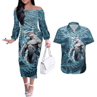 Hawaiian Shark God Kamohoalii Couples Matching Off The Shoulder Long Sleeve Dress and Hawaiian Shirt Polynesian Style LT05 Blue - Polynesian Pride