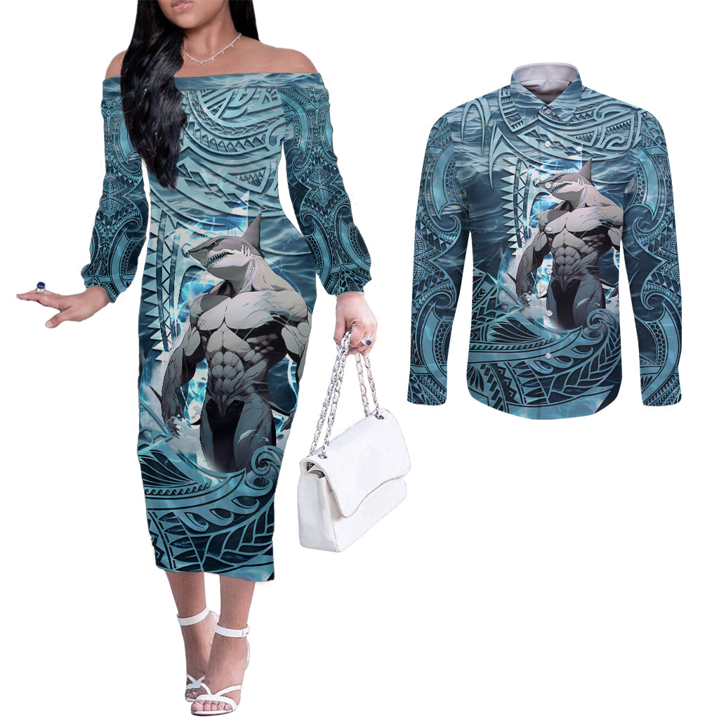 Hawaiian Shark God Kamohoalii Couples Matching Off The Shoulder Long Sleeve Dress and Long Sleeve Button Shirt Polynesian Style LT05 Blue - Polynesian Pride