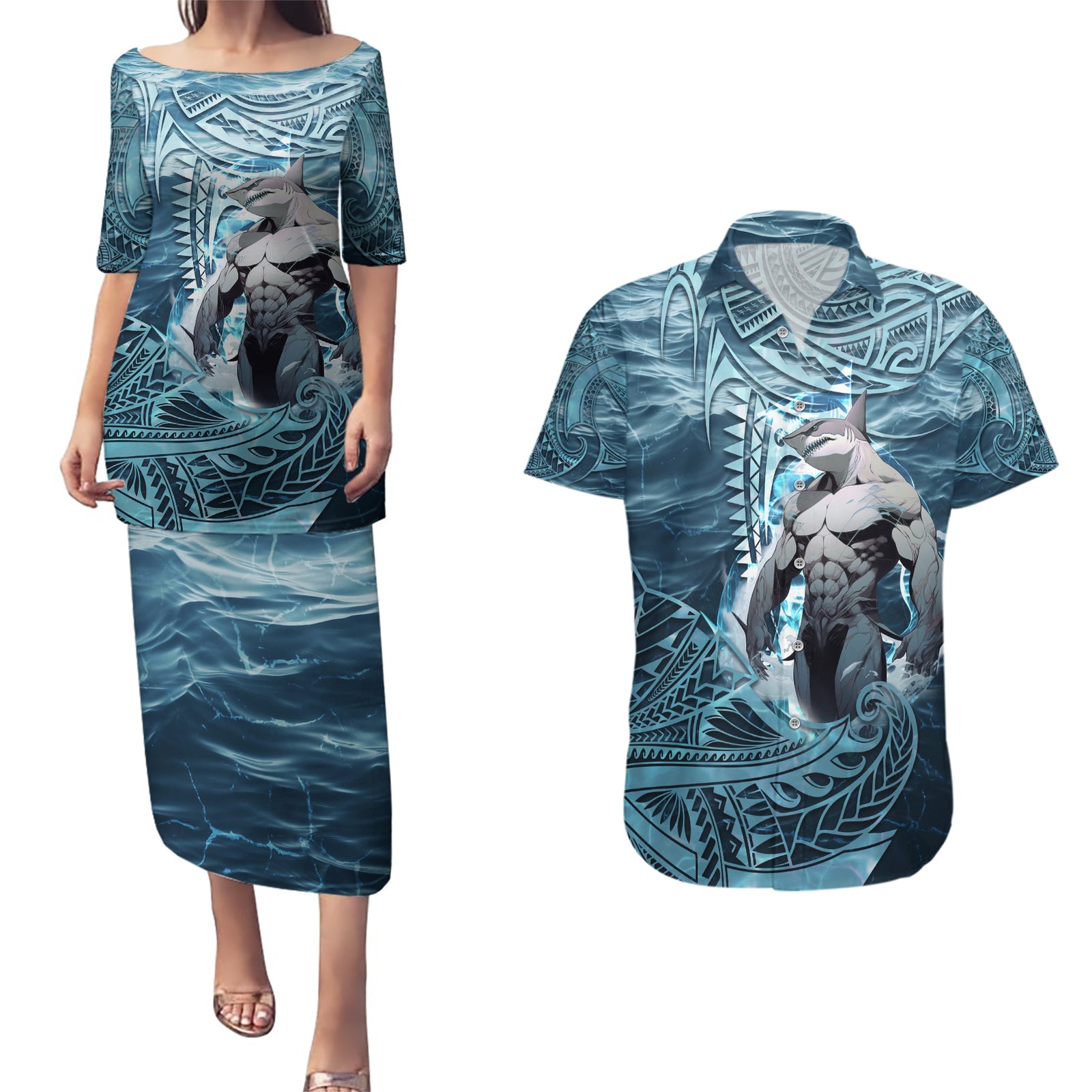 Hawaiian Shark God Kamohoalii Couples Matching Puletasi and Hawaiian Shirt Polynesian Style LT05 Blue - Polynesian Pride