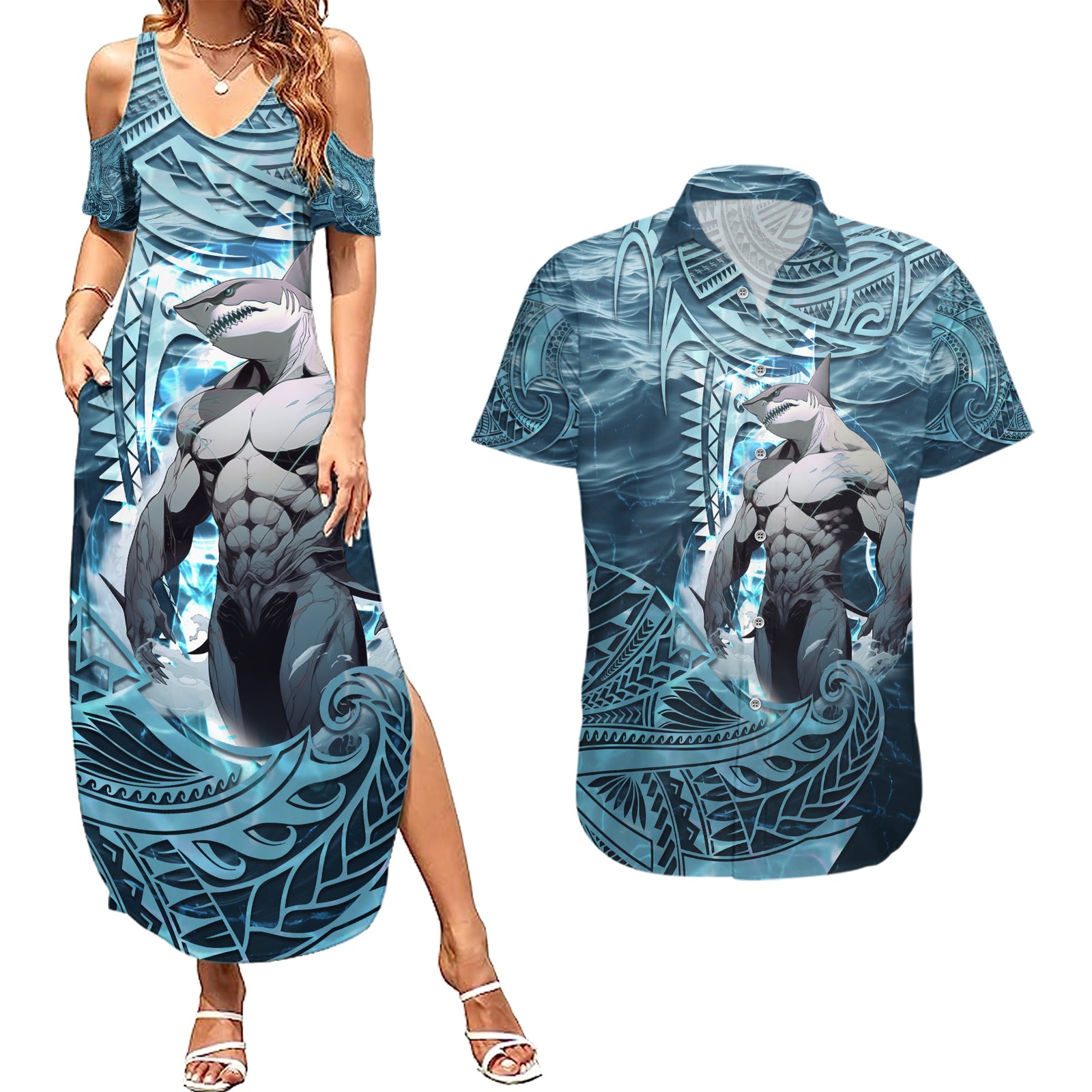 Hawaiian Shark God Kamohoalii Couples Matching Summer Maxi Dress and Hawaiian Shirt Polynesian Style LT05 Blue - Polynesian Pride