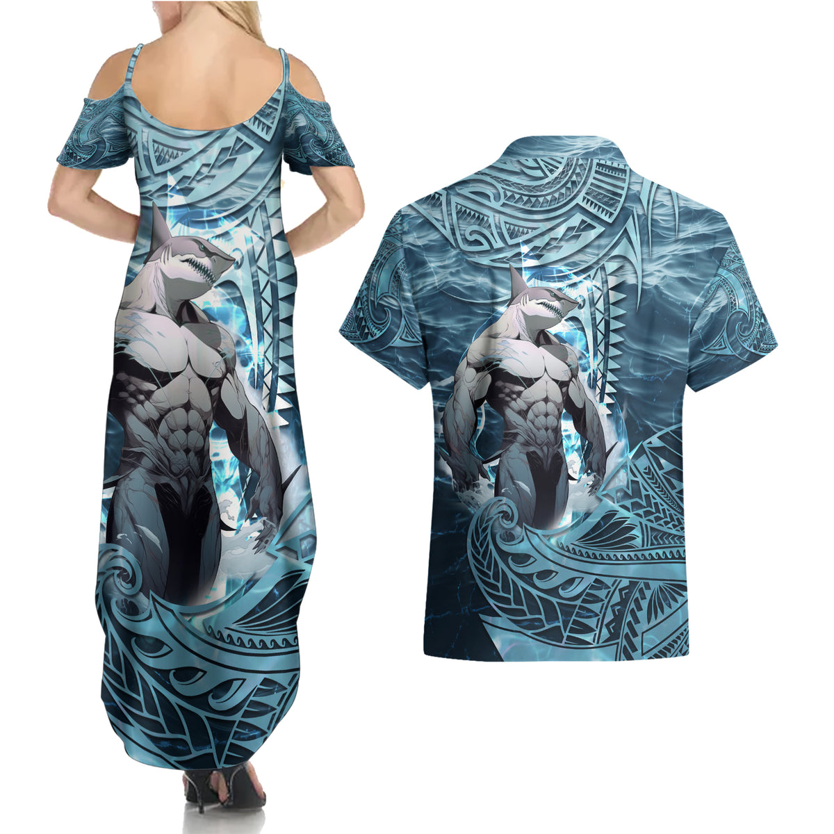 Hawaiian Shark God Kamohoalii Couples Matching Summer Maxi Dress and Hawaiian Shirt Polynesian Style LT05 - Polynesian Pride