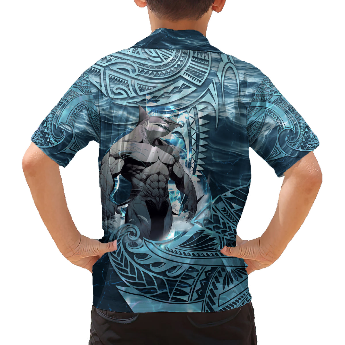 Hawaiian Shark God Kamohoalii Family Matching Short Sleeve Bodycon Dress and Hawaiian Shirt Polynesian Style LT05 - Polynesian Pride
