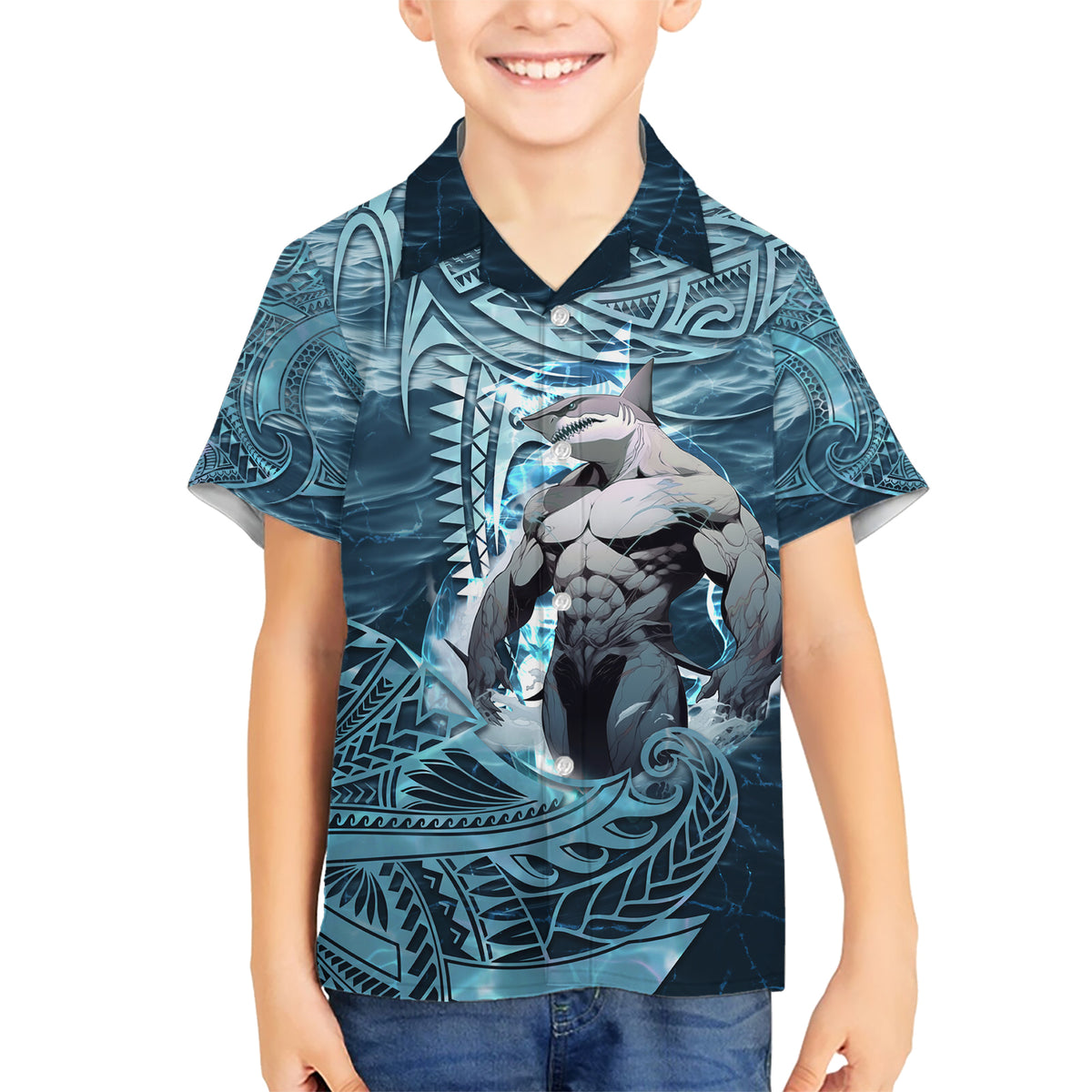 Hawaiian Shark God Kamohoalii Kid Hawaiian Shirt Polynesian Style LT05 Kid Blue - Polynesian Pride