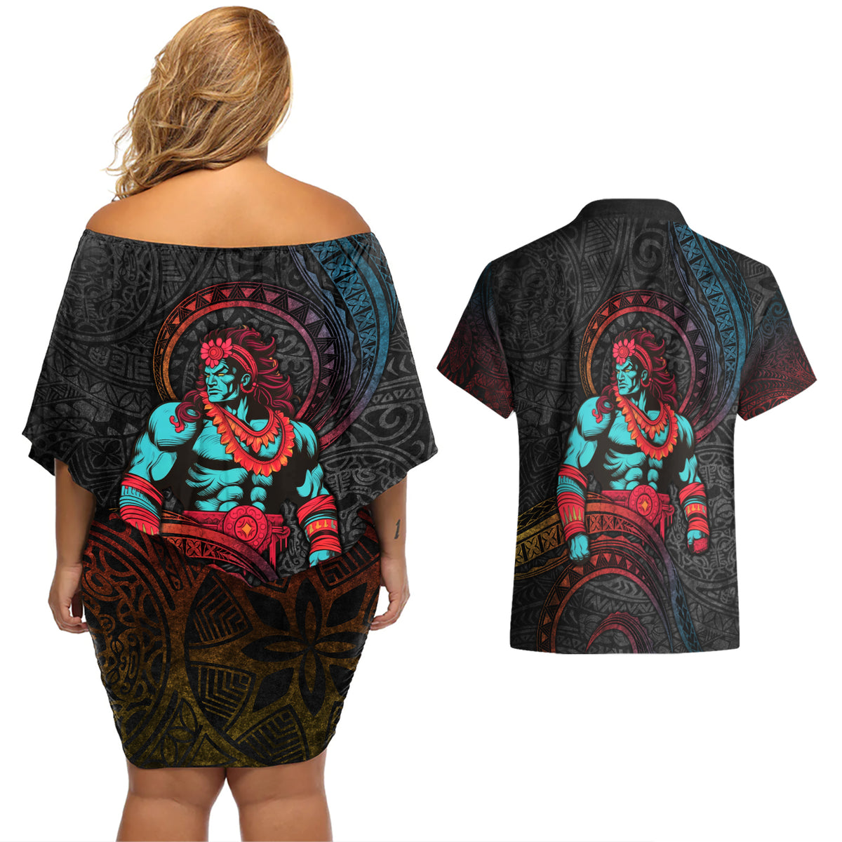 Hawaiian Demigod Maui Couples Matching Off Shoulder Short Dress and Hawaiian Shirt Polynesian Mythology LT05 - Polynesian Pride