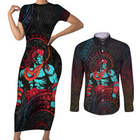 Hawaiian Demigod Maui Couples Matching Short Sleeve Bodycon Dress and Long Sleeve Button Shirt Polynesian Mythology LT05 Black - Polynesian Pride