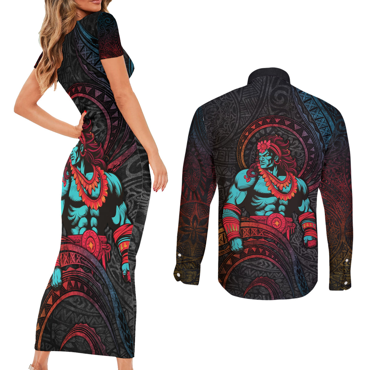 Hawaiian Demigod Maui Couples Matching Short Sleeve Bodycon Dress and Long Sleeve Button Shirt Polynesian Mythology LT05 - Polynesian Pride