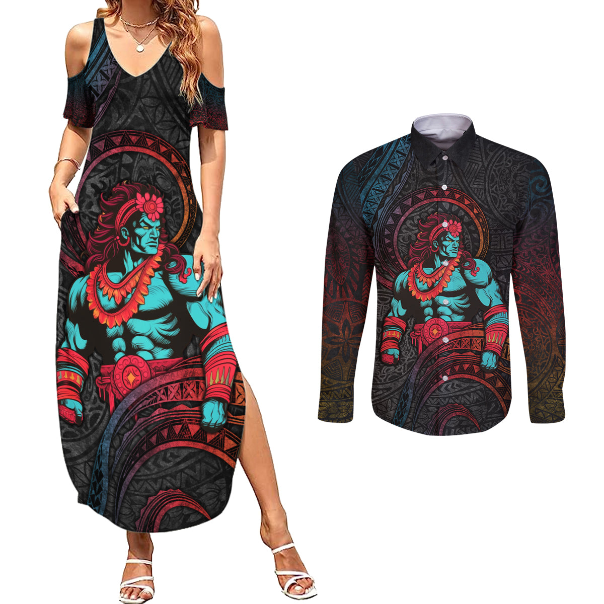 Hawaiian Demigod Maui Couples Matching Summer Maxi Dress and Long Sleeve Button Shirt Polynesian Mythology LT05 Black - Polynesian Pride