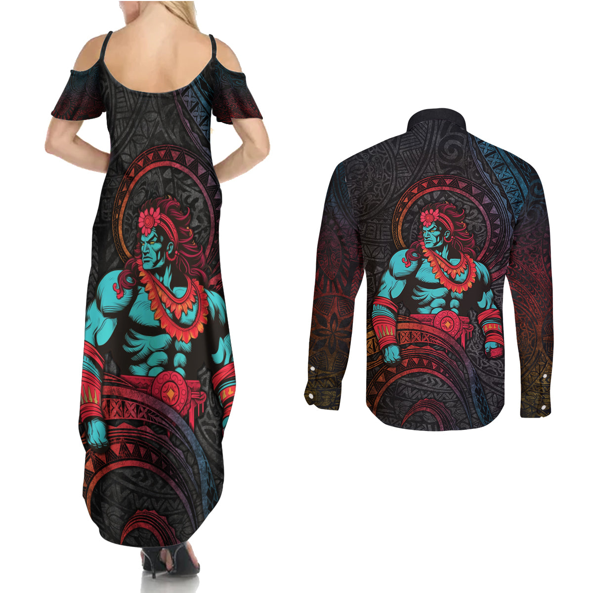 Hawaiian Demigod Maui Couples Matching Summer Maxi Dress and Long Sleeve Button Shirt Polynesian Mythology LT05 - Polynesian Pride