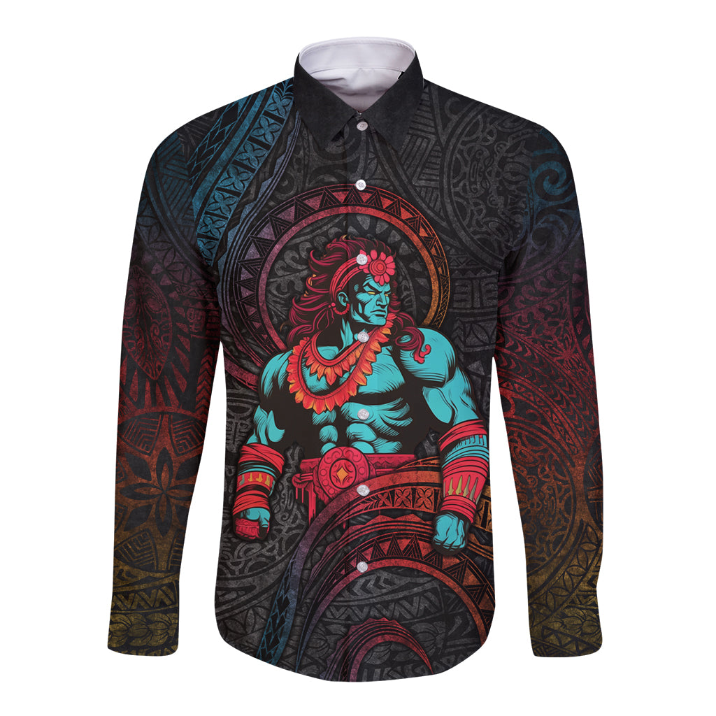 Hawaiian Demigod Maui Long Sleeve Button Shirt Polynesian Mythology LT05 Unisex Black - Polynesian Pride