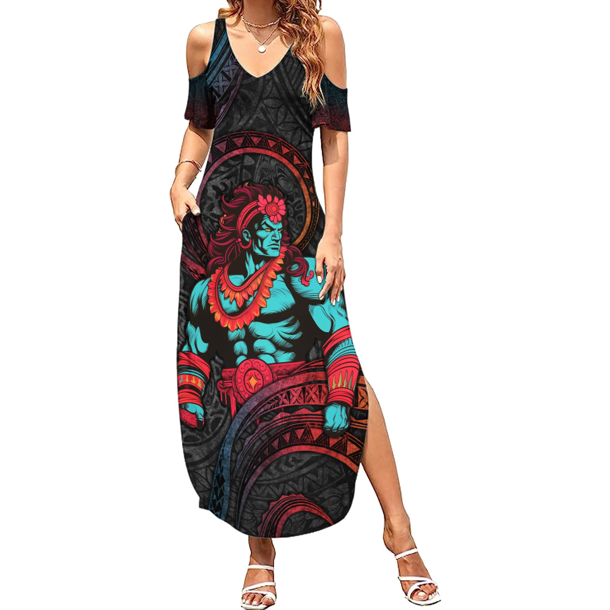 Hawaiian Demigod Maui Summer Maxi Dress Polynesian Mythology LT05 Women Black - Polynesian Pride