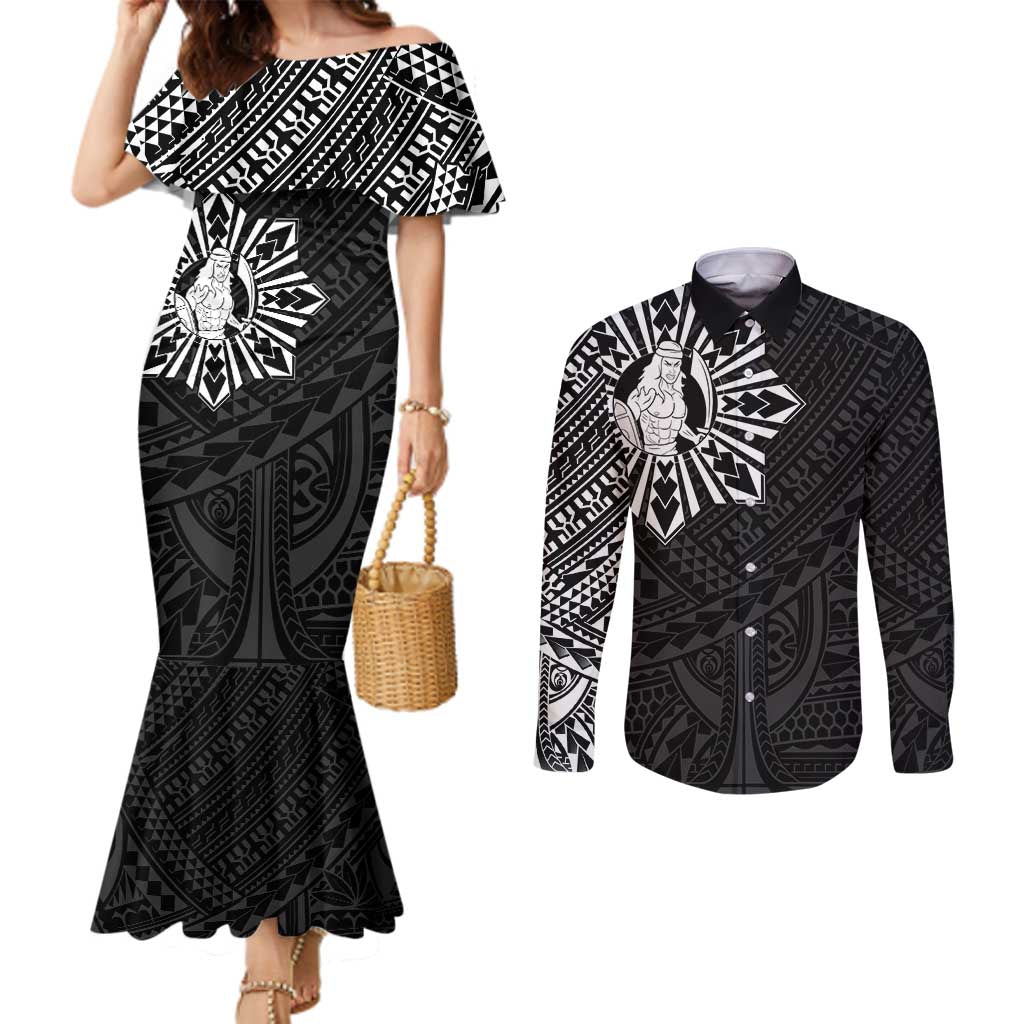 Philippines Tribal Couples Matching Mermaid Dress and Long Sleeve Button Shirt King Lapu Lapu Black Version