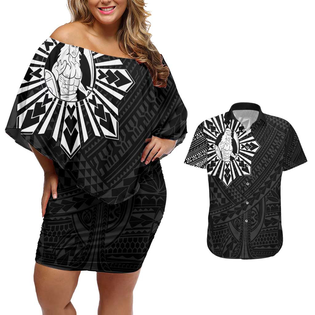 Philippines Tribal Couples Matching Off Shoulder Short Dress and Hawaiian Shirt King Lapu Lapu Black Version LT05 Black - Polynesian Pride