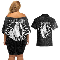 Philippines Tribal Couples Matching Off Shoulder Short Dress and Hawaiian Shirt King Lapu Lapu Black Version LT05 - Polynesian Pride