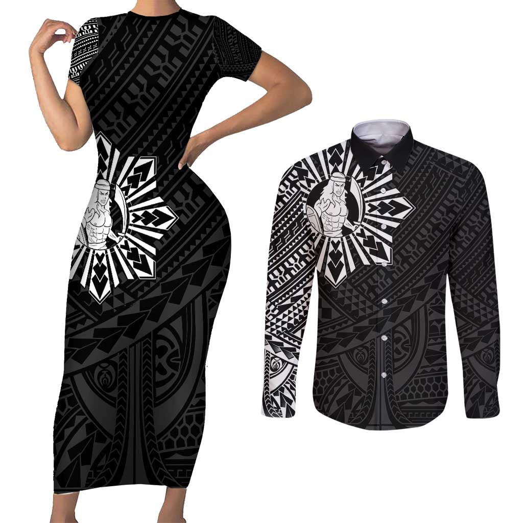 Philippines Tribal Couples Matching Short Sleeve Bodycon Dress and Long Sleeve Button Shirt King Lapu Lapu Black Version