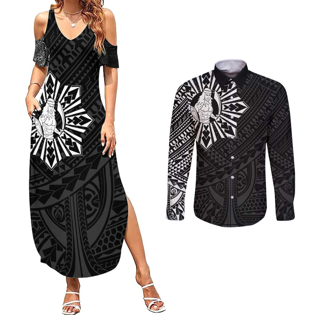 Philippines Tribal Couples Matching Summer Maxi Dress and Long Sleeve Button Shirt King Lapu Lapu Black Version