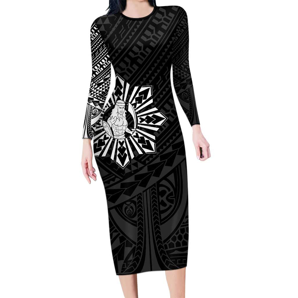 Philippines Tribal Family Matching Long Sleeve Bodycon Dress and Hawaiian Shirt King Lapu Lapu Black Version