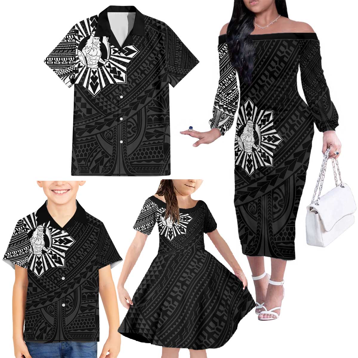 Philippines Tribal Family Matching Off The Shoulder Long Sleeve Dress and Hawaiian Shirt King Lapu Lapu Black Version