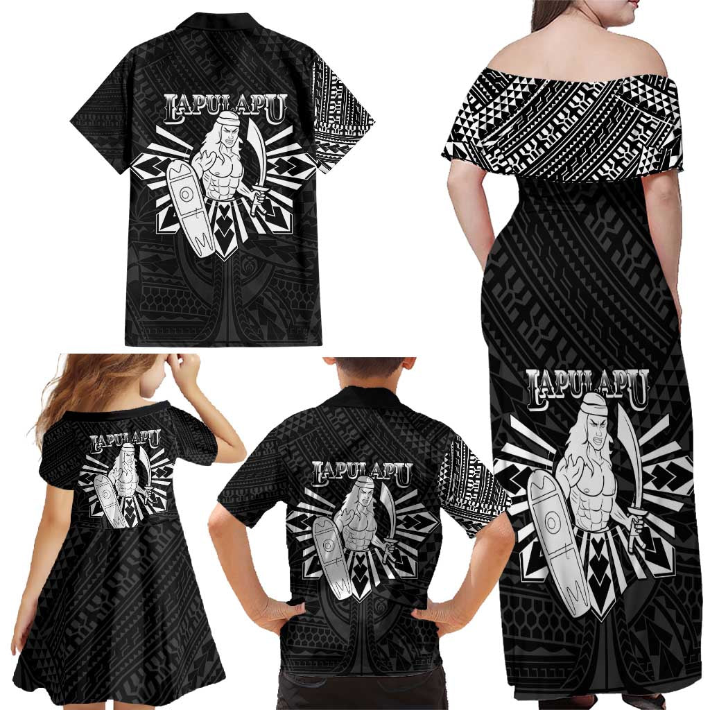 Philippines Tribal Family Matching Off Shoulder Maxi Dress and Hawaiian Shirt King Lapu Lapu Black Version