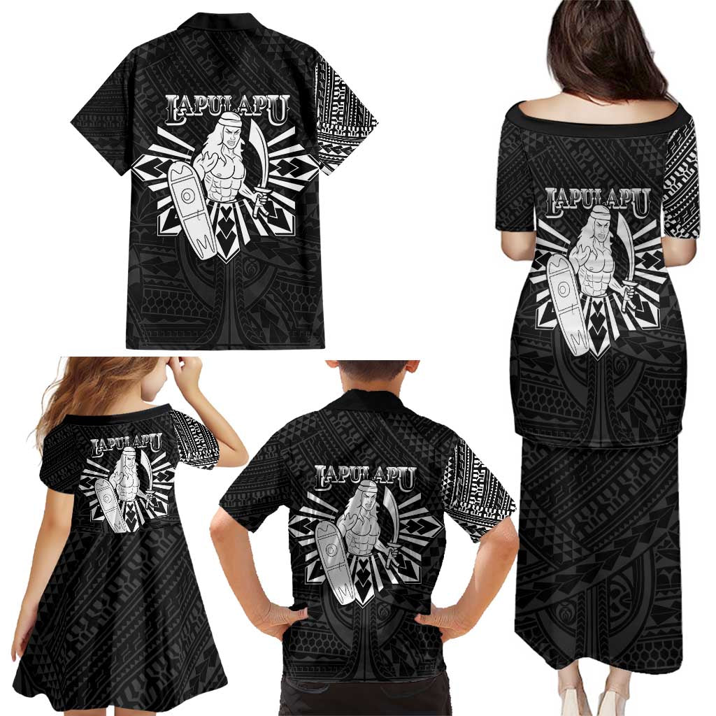 Philippines Tribal Family Matching Puletasi and Hawaiian Shirt King Lapu Lapu Black Version