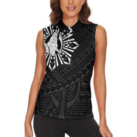 Philippines Tribal Women Sleeveless Polo Shirt King Lapu Lapu Black Version