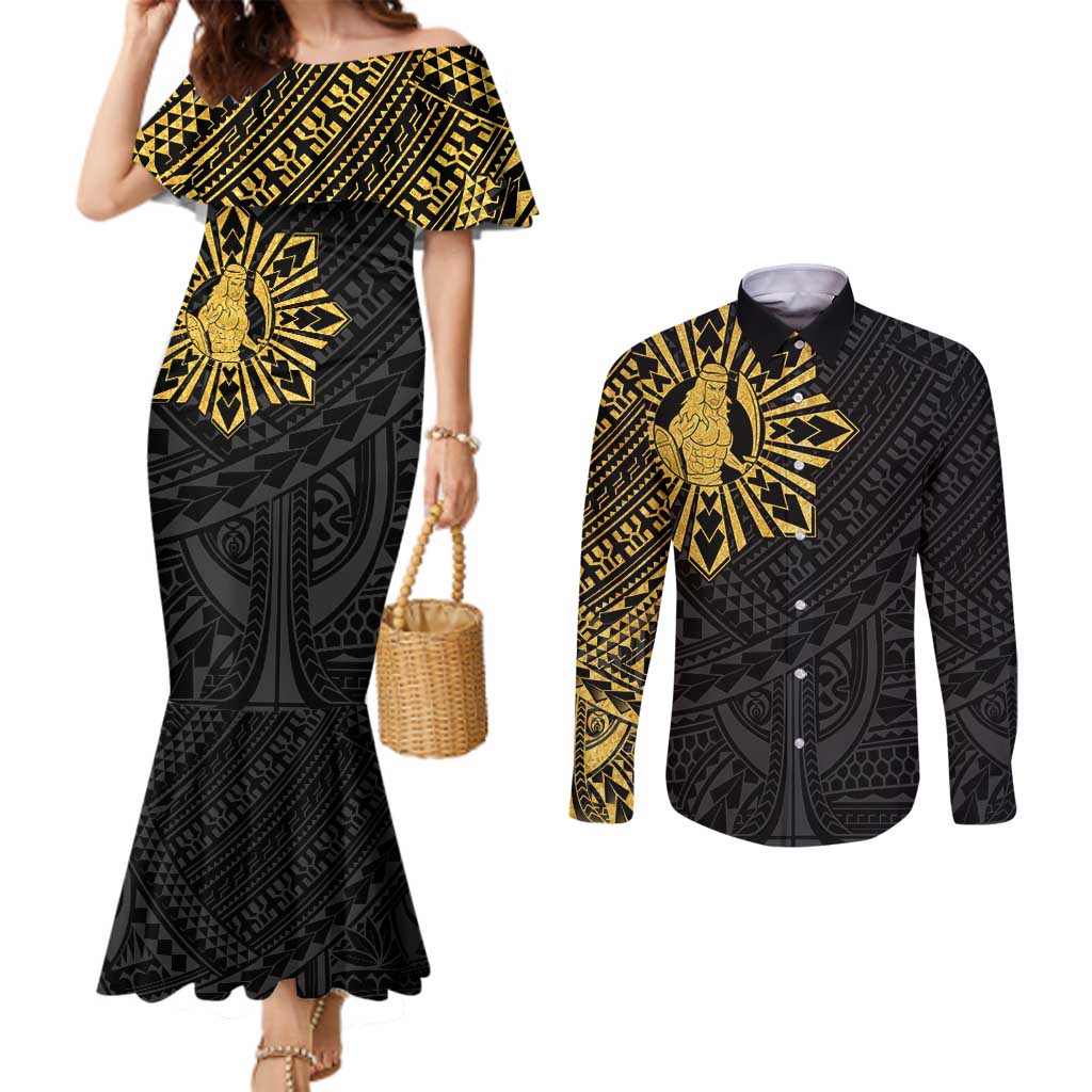 Philippines Tribal Couples Matching Mermaid Dress and Long Sleeve Button Shirt King Lapu Lapu Gold Version