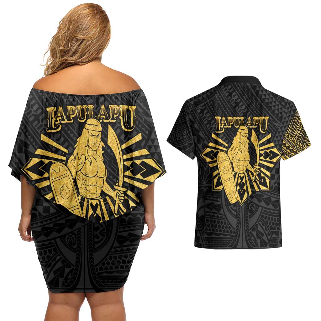 Philippines Tribal Couples Matching Off Shoulder Short Dress and Hawaiian Shirt King Lapu Lapu Gold Version