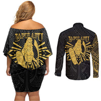 Philippines Tribal Couples Matching Off Shoulder Short Dress and Long Sleeve Button Shirt King Lapu Lapu Gold Version