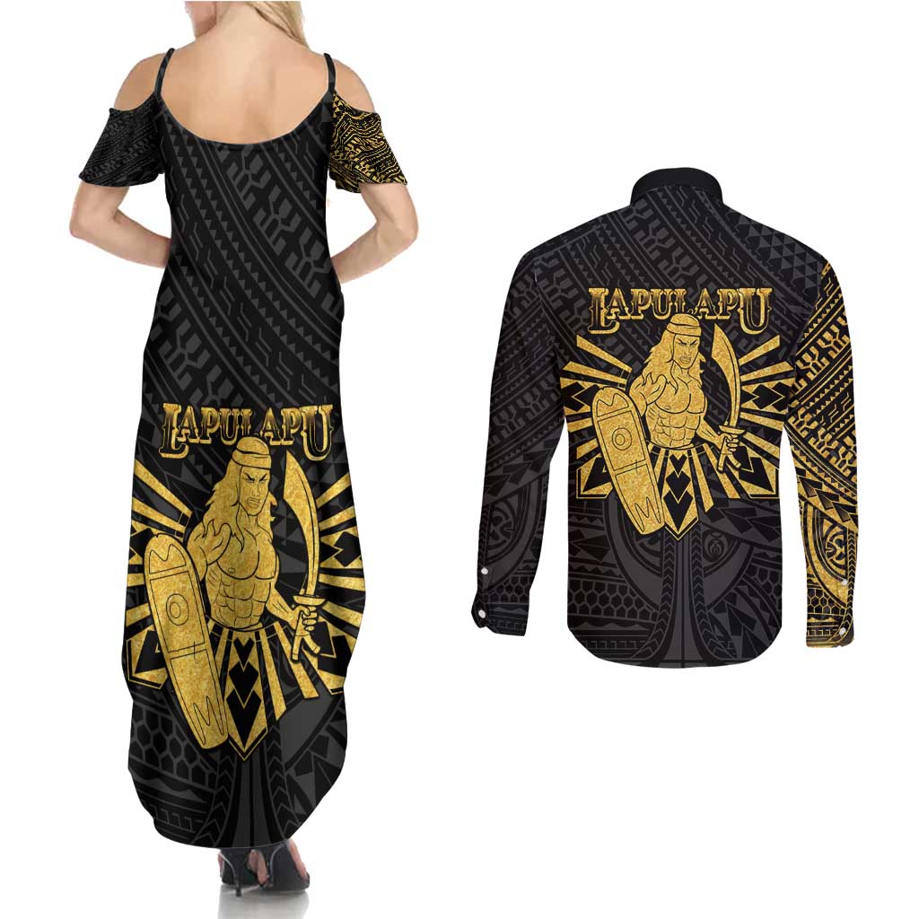 Philippines Tribal Couples Matching Summer Maxi Dress and Long Sleeve Button Shirt King Lapu Lapu Gold Version