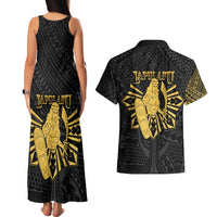 Philippines Tribal Couples Matching Tank Maxi Dress and Hawaiian Shirt King Lapu Lapu Gold Version