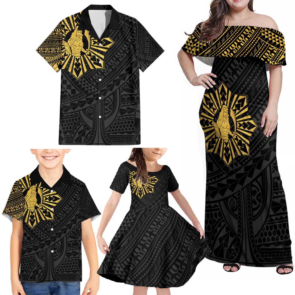 Philippines Tribal Family Matching Off Shoulder Maxi Dress and Hawaiian Shirt King Lapu Lapu Gold Version