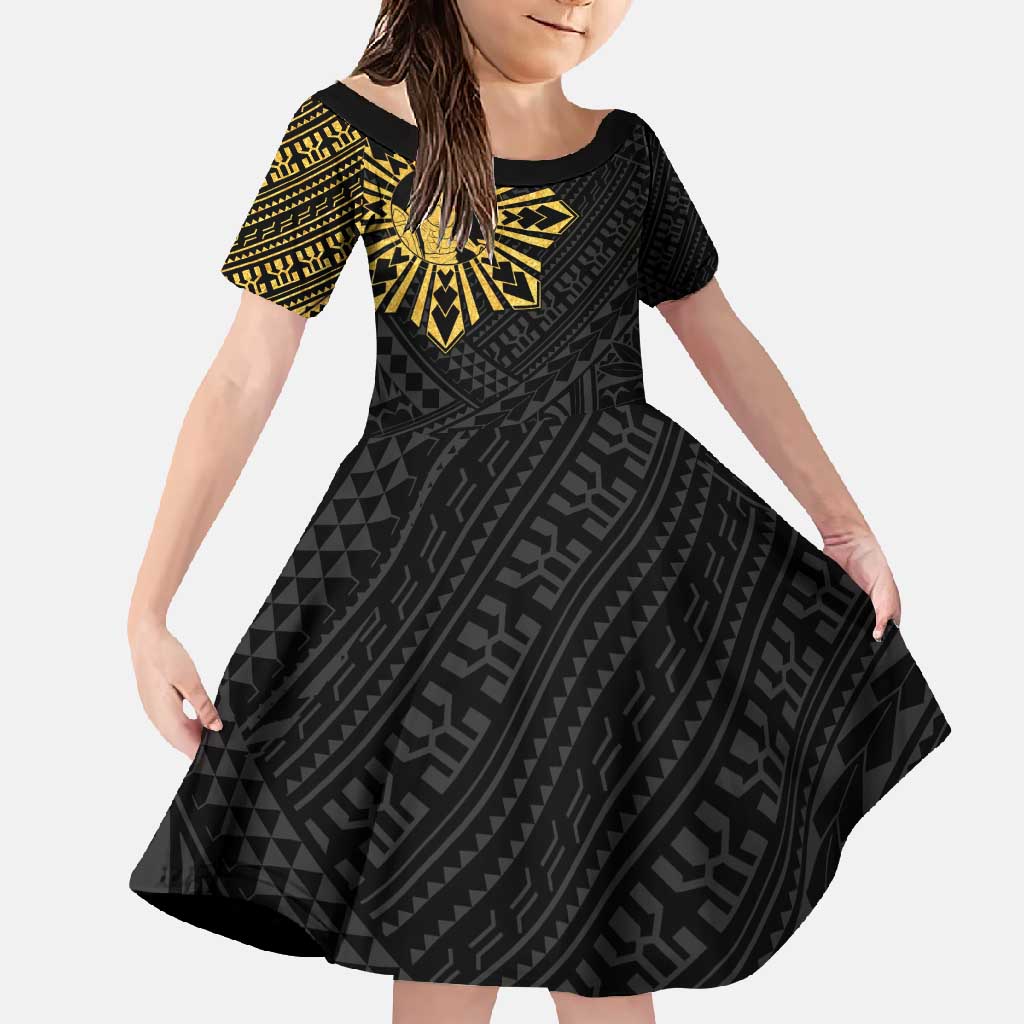Philippines Tribal Family Matching Short Sleeve Bodycon Dress and Hawaiian Shirt King Lapu Lapu Gold Version