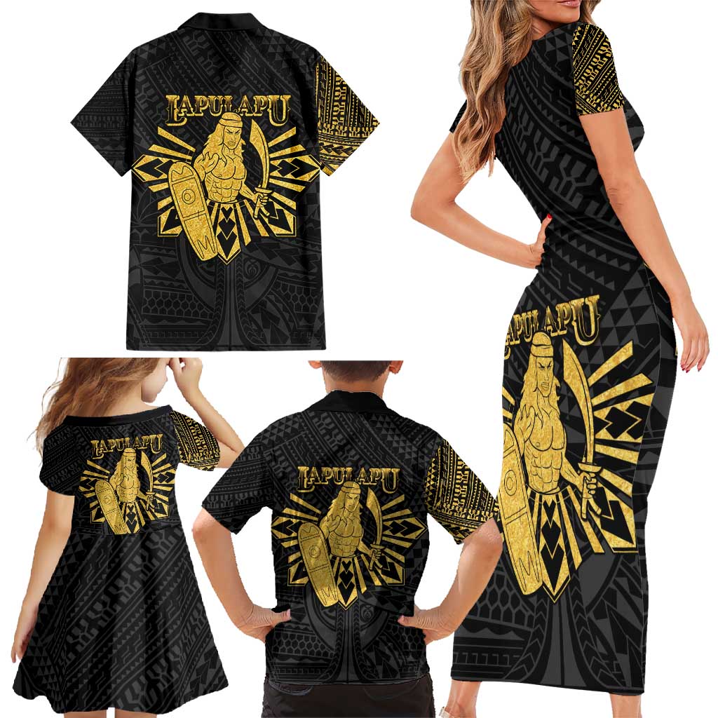 Philippines Tribal Family Matching Short Sleeve Bodycon Dress and Hawaiian Shirt King Lapu Lapu Gold Version