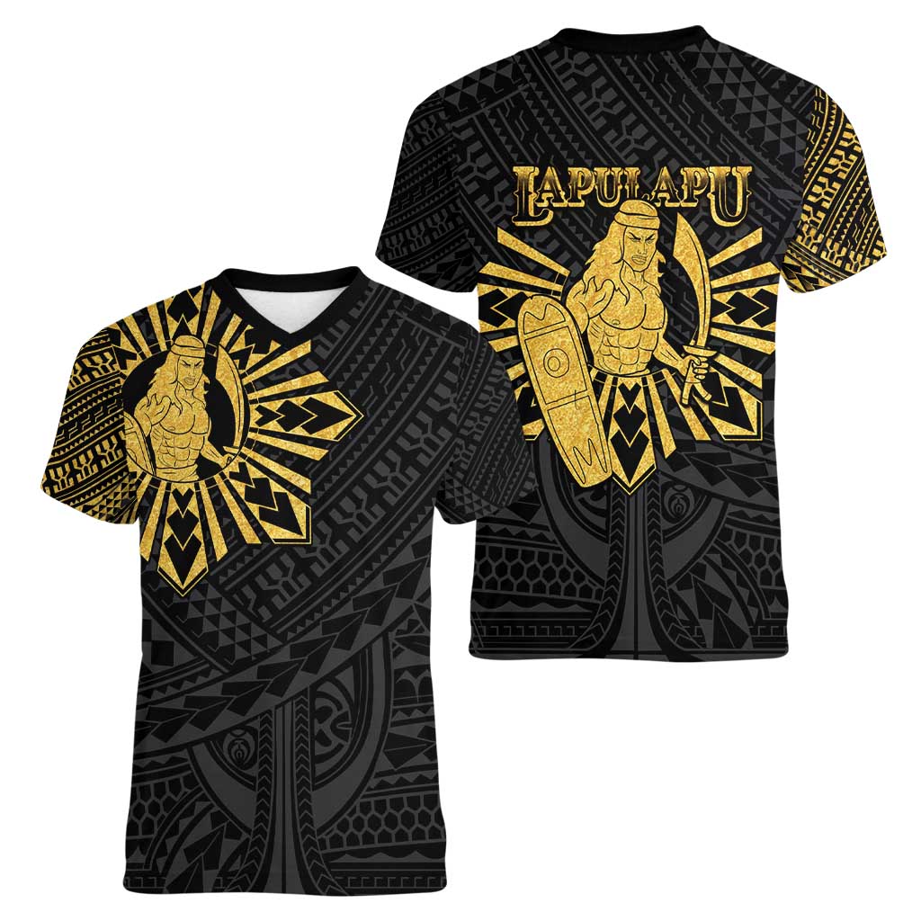 Philippines Tribal Women V-Neck T-Shirt King Lapu Lapu Gold Version