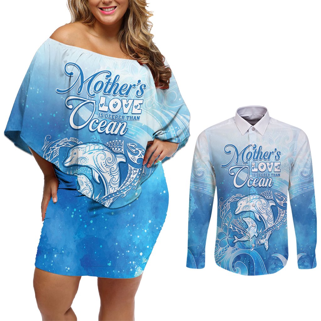 Mother's Love Is Deeper Than Ocean Couples Matching Off Shoulder Short Dress and Long Sleeve Button Shirt Polynesian Style