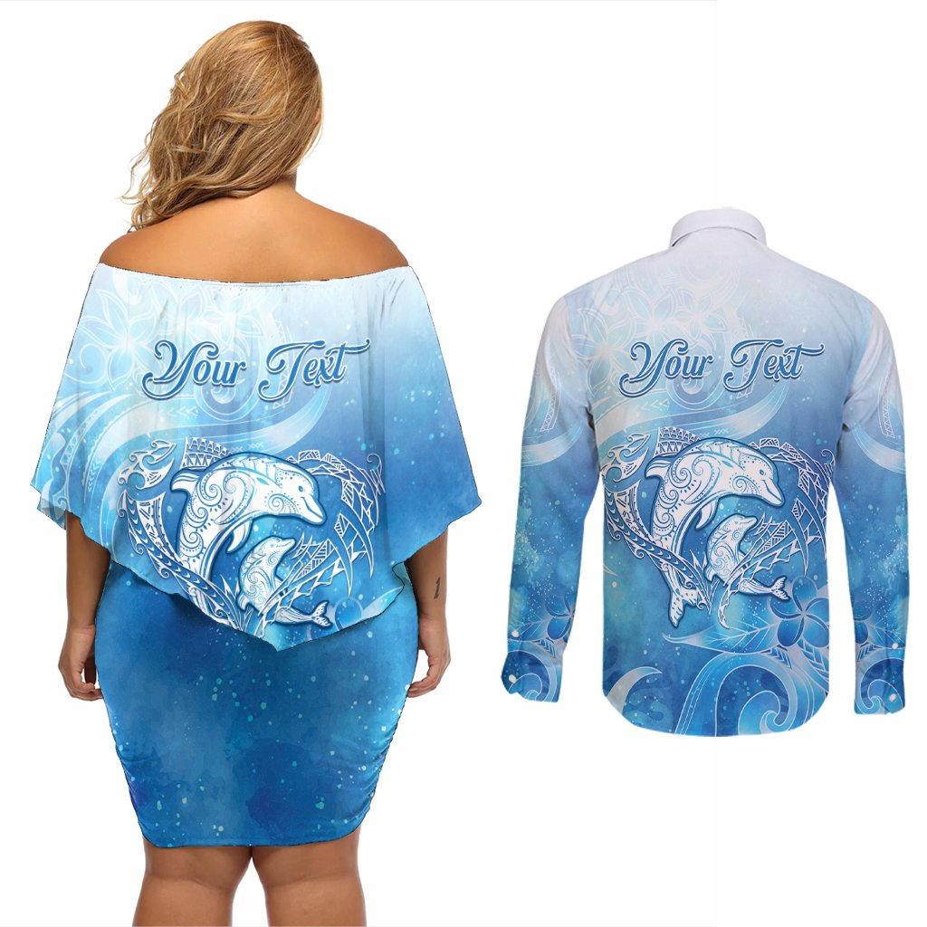 Mother's Love Is Deeper Than Ocean Couples Matching Off Shoulder Short Dress and Long Sleeve Button Shirt Polynesian Style