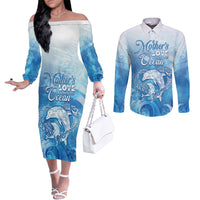 Mother's Love Is Deeper Than Ocean Couples Matching Off The Shoulder Long Sleeve Dress and Long Sleeve Button Shirt Polynesian Style LT05 Blue - Polynesian Pride